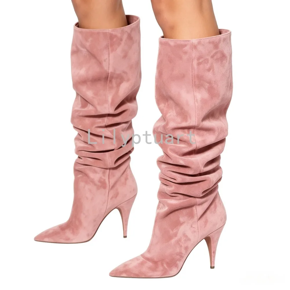 Women's Blue Suede Slouchy Knee High Boots Pointed Toe Stiletto Heel Party Evening Long Boots for Club Night - view 3