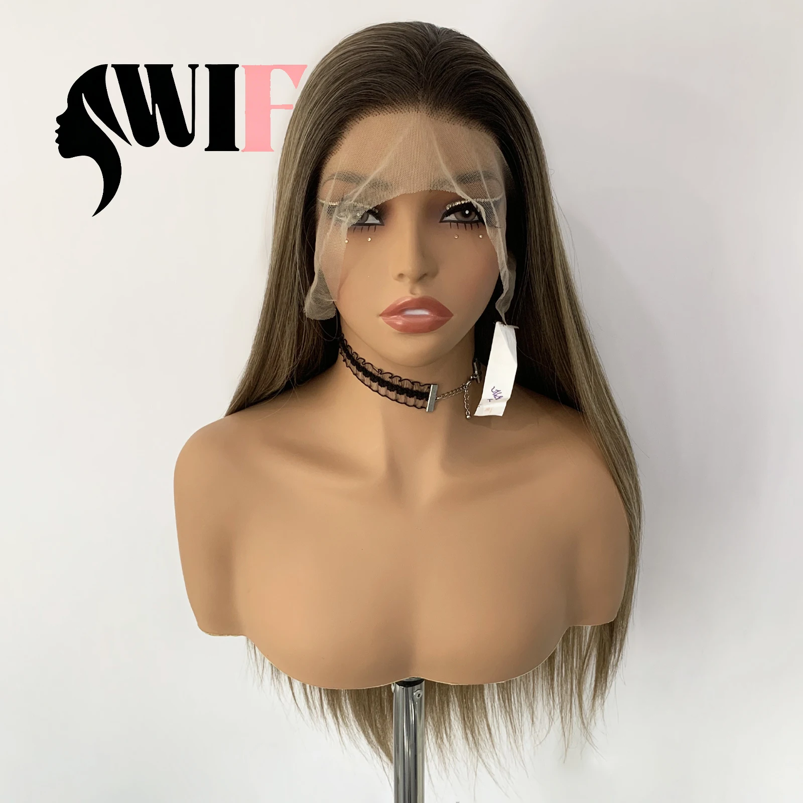 WIF Brown Multi-Tone Mix Honey Tea Brown Straight Heat Resistant Synthetic Lace Front Wig Natural Hairline For Women Daily Use