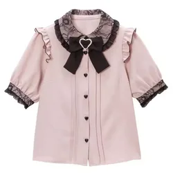 Camisa de manga curta Kawaii feminina, tops doces femininos, camisa estética feminina, blusa estilo japonês, elegante, Kawaii, Lolita, fofa, Y2K