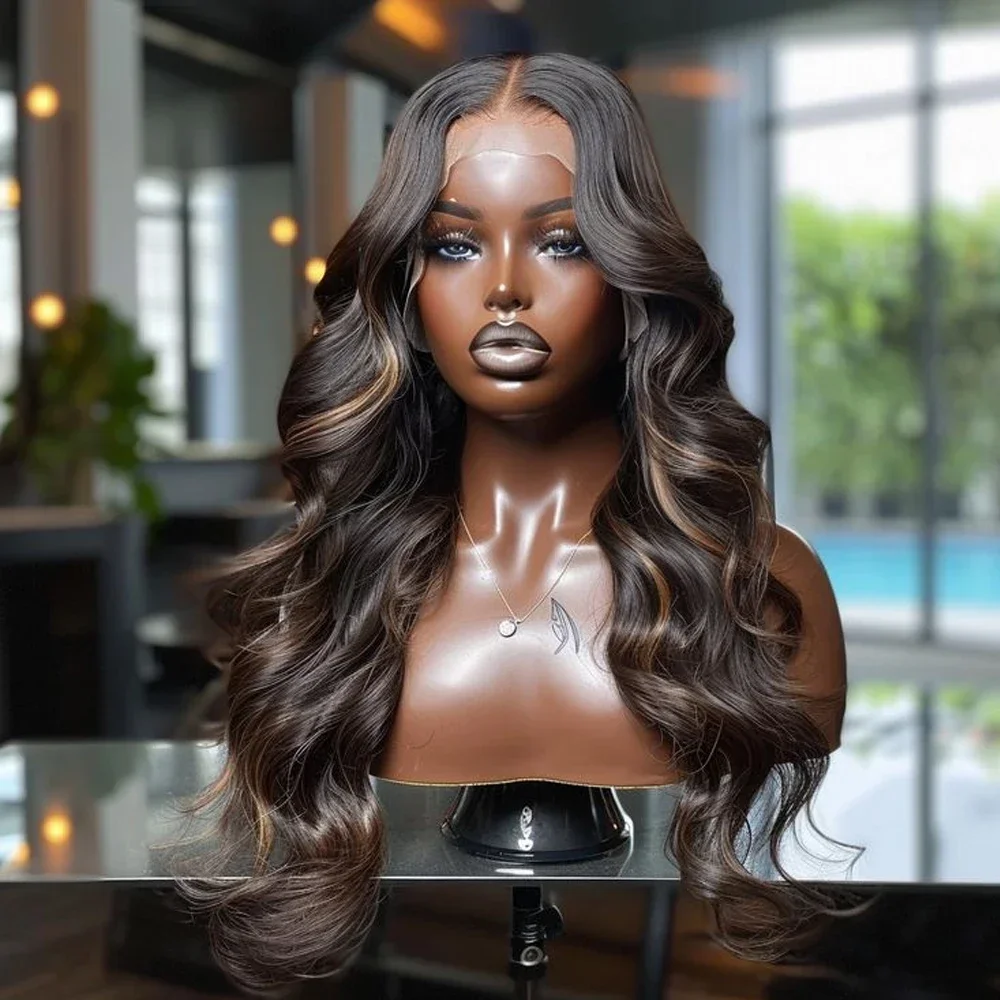 

Body Wave Lace Front Wigs Synthetic Omber Blonde Highlight/Natural Black Lace Frontal Wigs Heat Resistant Fiber for Black Woman