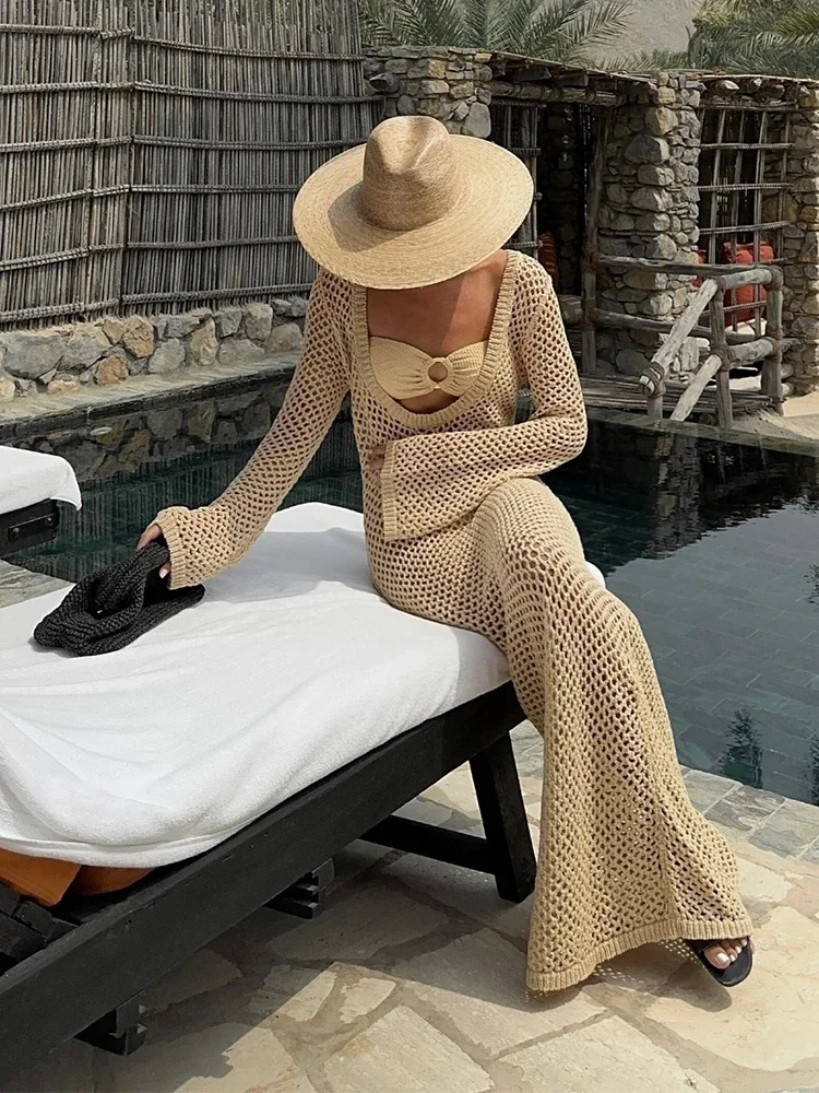 Sexy U-neck Bell Sleeve Knit Maxi Dress Summer 2024 Women Swimwear Feminine Bikinis Cover-ups Holiday Crochet Beach Outfit K21