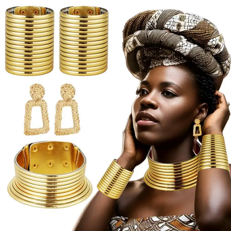 4Pcs African Jewelry Set Gold Neck Collar Adjustable Women Necklace Wide Artificial Leather Bracelets Large Lightweight Earrings