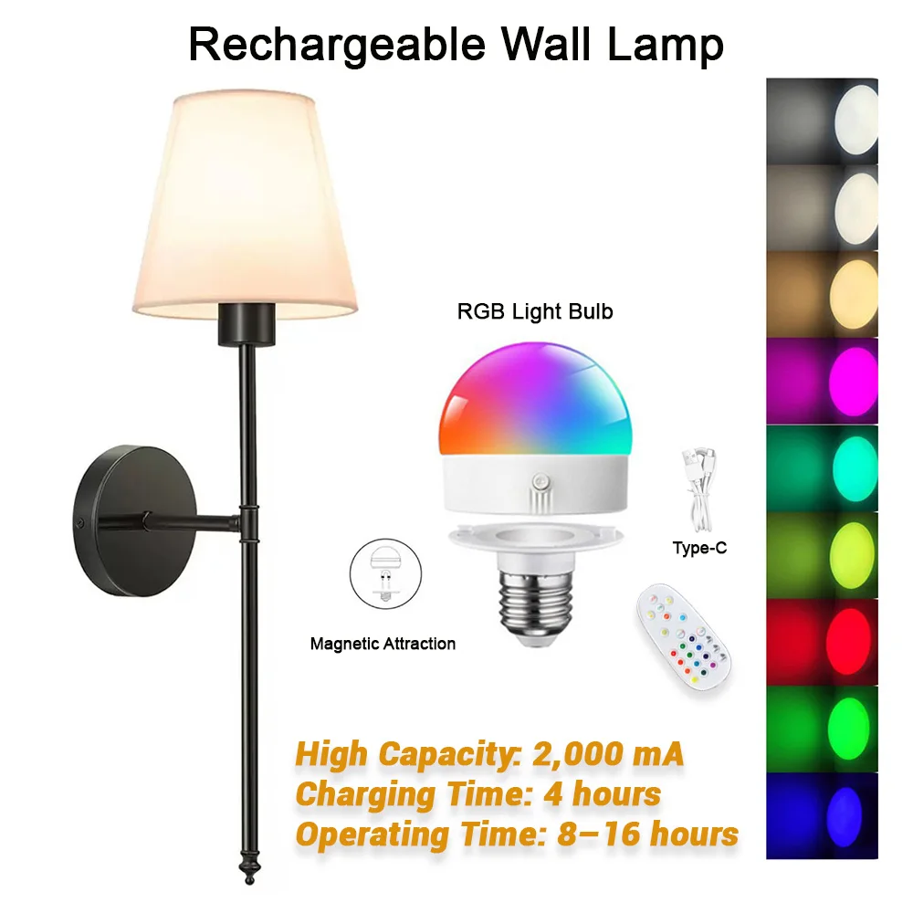 Modern Wireless Wall Lamp, Rechargeable Mood Light, Removable Magnetic Bulb, RGB Dimmable Light—with Remote Control, 12 Colors