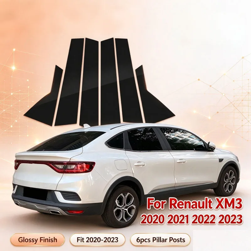 For Renault XM3 2020 2021 2022 2023 Glossy Black Pillar Posts Door Side Window Trim Cover  B C Column Sticker Decoration 6PC Fit