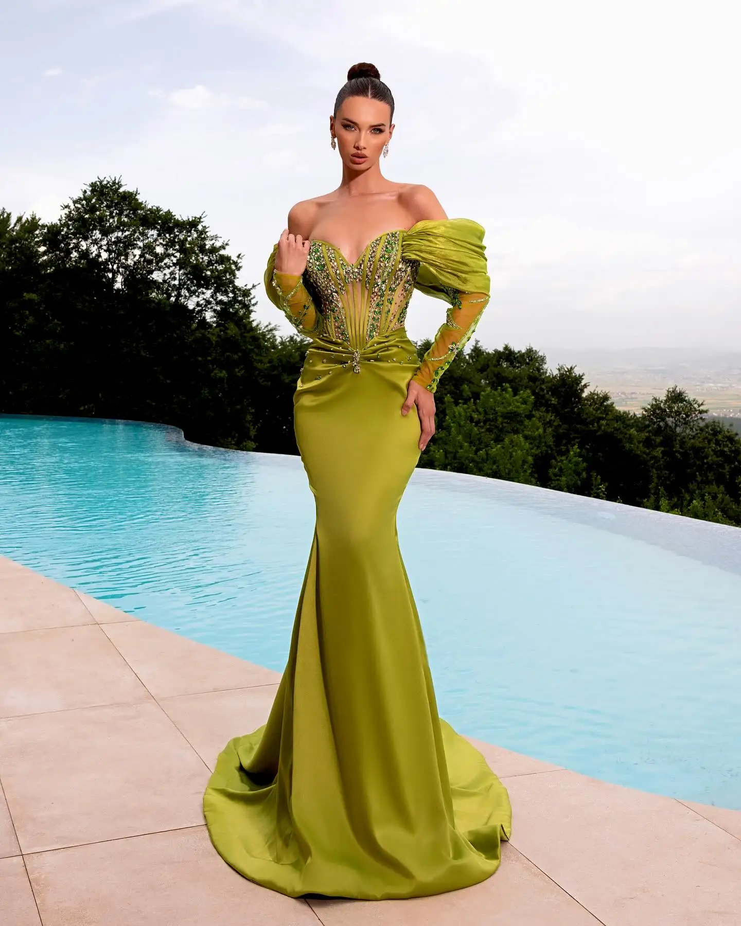 Olive Green Mermaid Prom Dresses Long for Women 2025 Beading Crystal Corset Satin Off the Shoulder Formal Evening Gowns