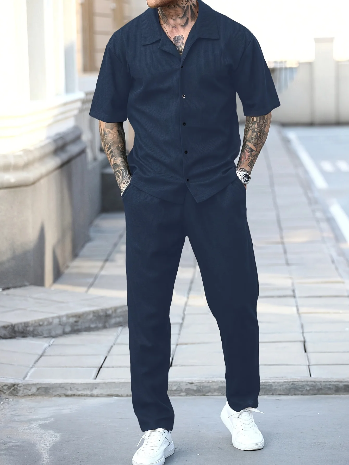 Ensemble coordonné pour homme, style rétro américain, tricot gaufré, chemise à col cubain et pantalon décontracté