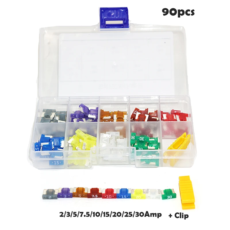 90/50szt Bezpieczniki Micro Short Low Profile Mini Blade Fuse Assortment 3A 5A 7.5A 10A 15A 20A do samochodów ciężarowych SUV Automotive