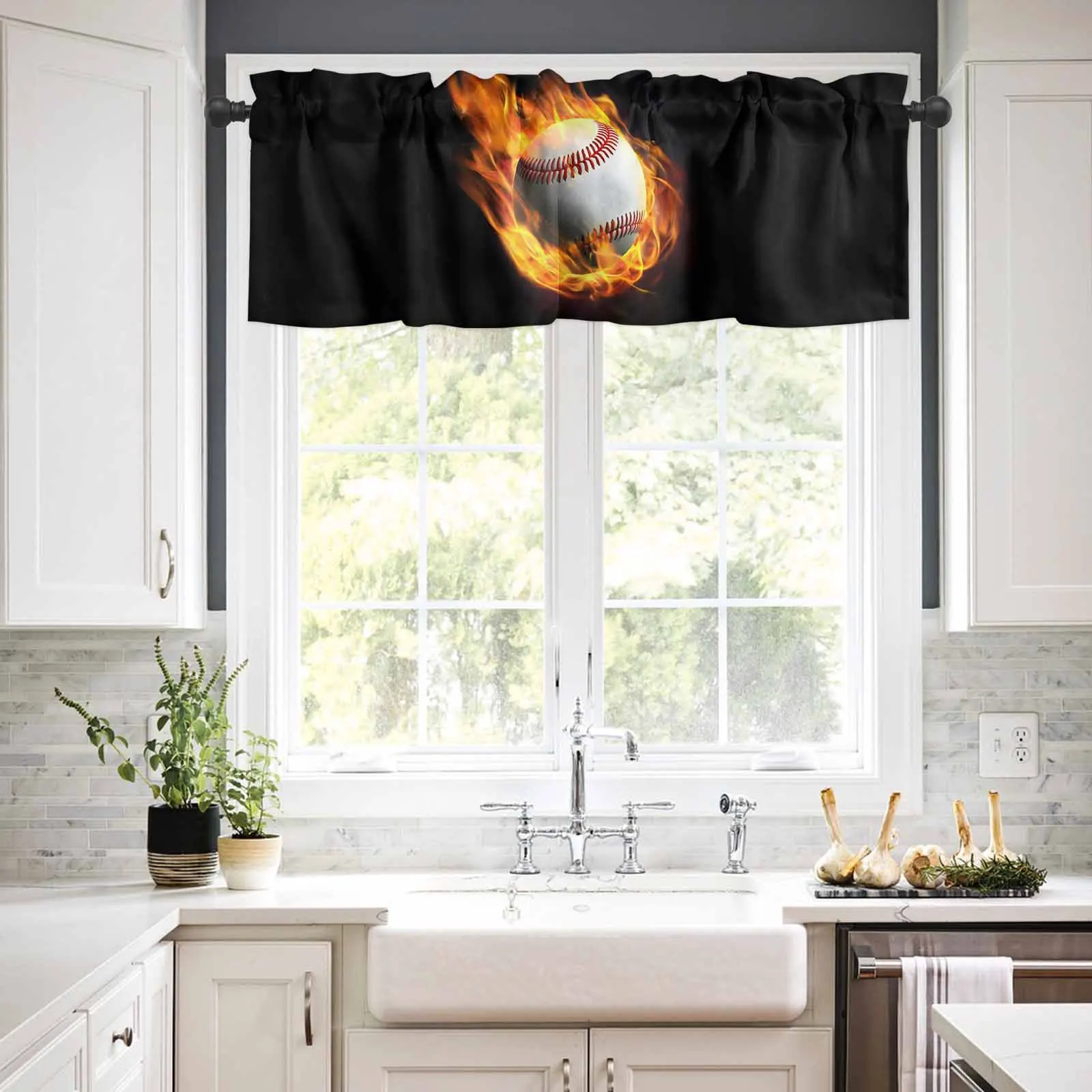 

1PCS Kitchen Short Curtain Valance Modern Baseball Flame Sport Rod Pocket Window Home Decoration
