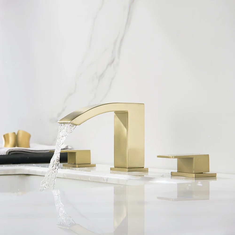 Square brushed gold waterfall water tap double handle cold hot brass bathroom wash basin faucet