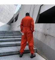 Spring Overalls Men Jumpsuit Cotton Letter Embroidery Beam Feet Coverall Pants Multi Pocket Workwear Black Orange Loose Trousers - Image 4
