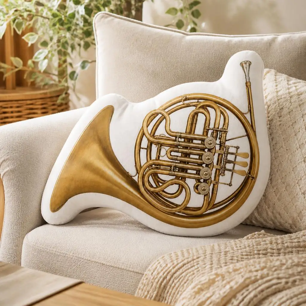 French Horn Brass Music Instrument Orchestra Plush Pillow Cushion Stuffed Throw Pillow Home Decor Gift Sofa Musician Music Bar