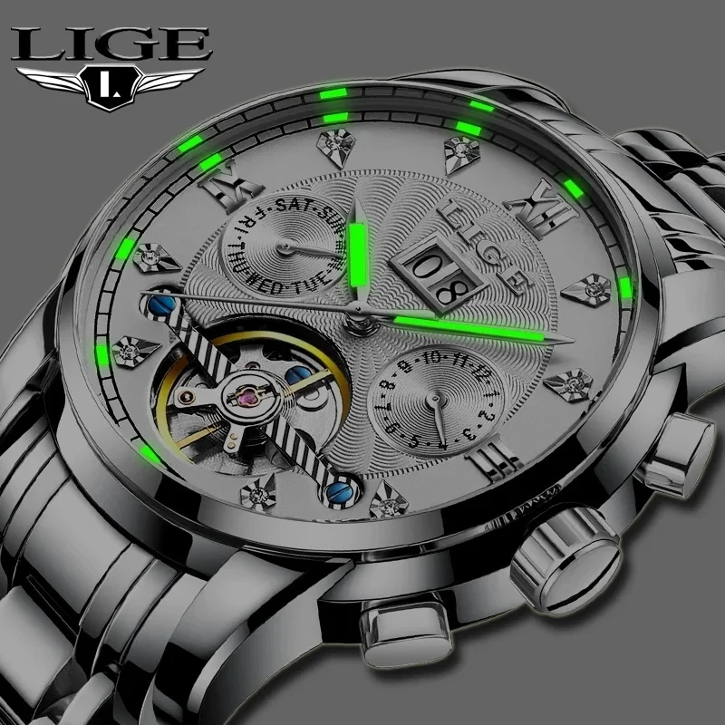 LIGE Brand Luxury Automatic Mechanical Watch Mens Watches Top Men Full Steel Business Waterproof Sport Watches Relogio Masculino