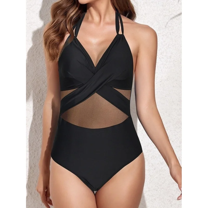 

New One-Piece Swimsuit for Women Solid Color Mesh Bikini SwimwearbikiniWholesale