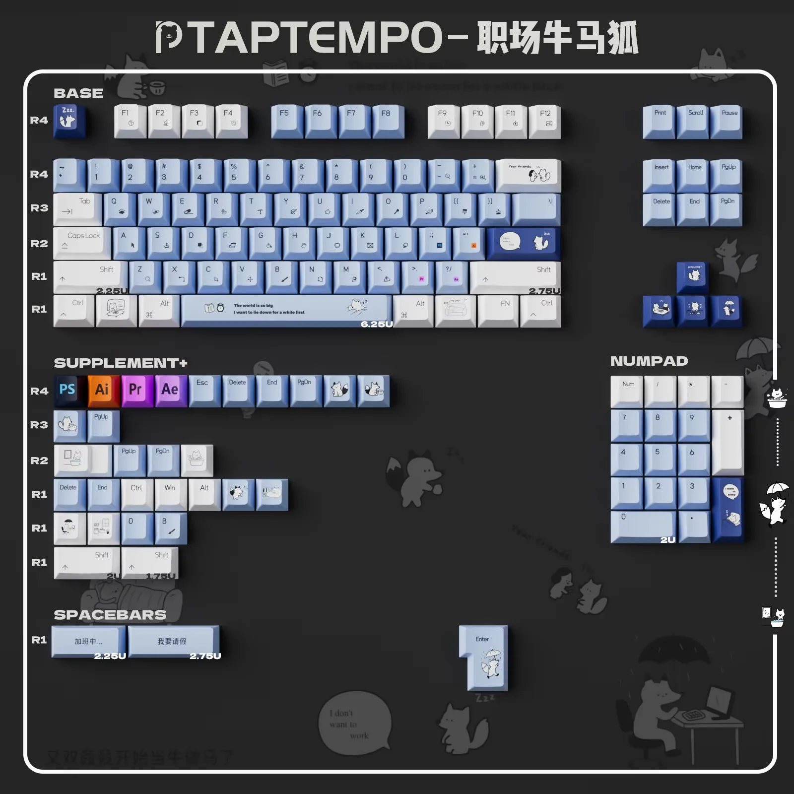 Cartoon Fox keycaps Dye-Sublimation Cherry profile PBT keycaps Cute key caps For MX Cherry Mechancial keyboard kit