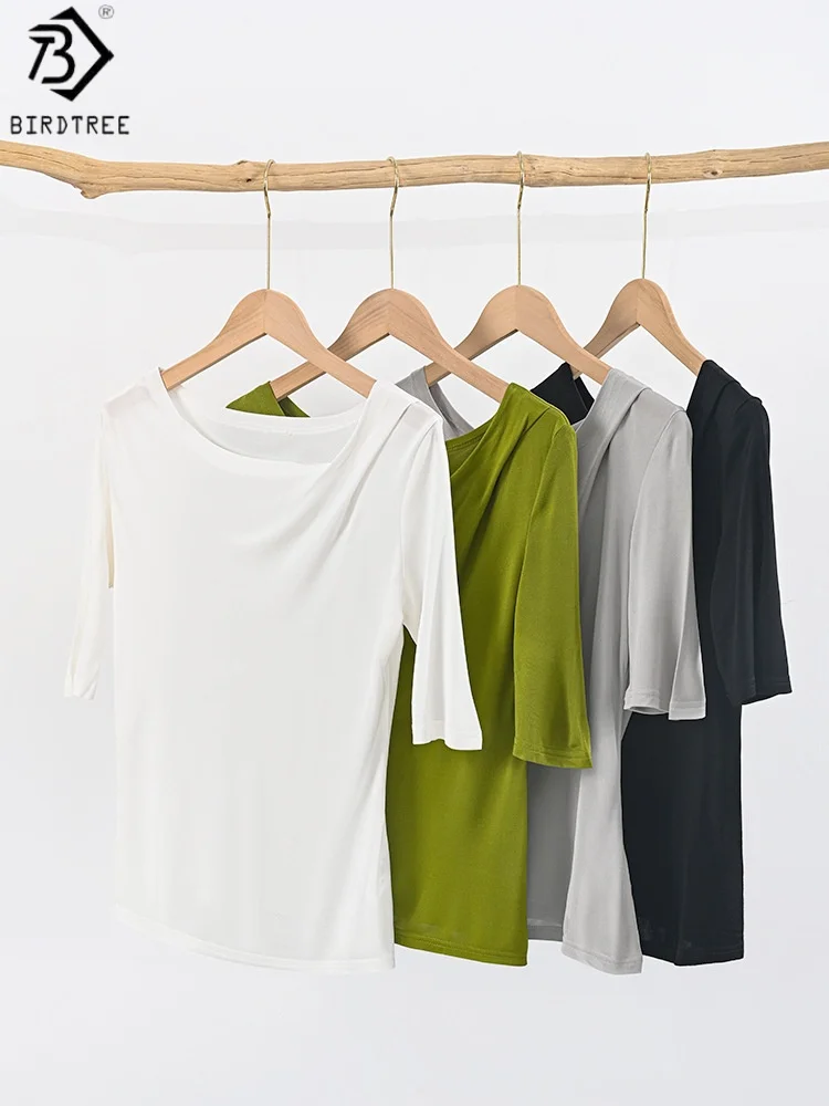 

Birdtree 20% шелк шелковицы 80% вискоза однотонная базовая футболка, женские топы нестандартного дизайна с наклонным воротником и половиной рукавов футболкаT59211JF