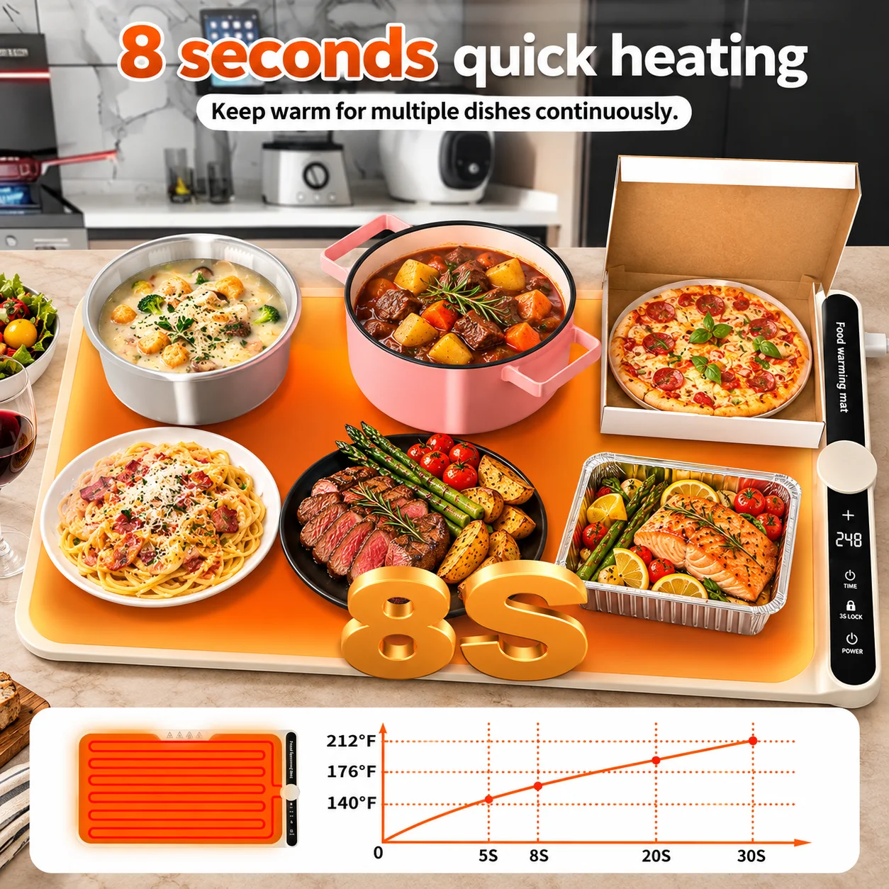 Electric Food Warming Mat 330W, 23.6 x 15 Inch Roll-Up Warming Tray with 9 Temperature Settings for Christmas Party Buffet
