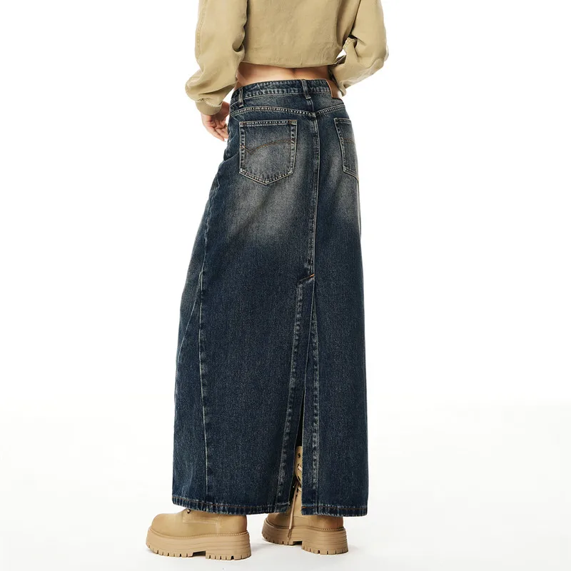 التنانير الطويلة الأمريكية الرجعية عالية الخصر الظهر سبليت الدنيم Harajuk الخريف الشتاء عادية خمر ألف خط الجينز التنانير 2025 Jupe فام #5