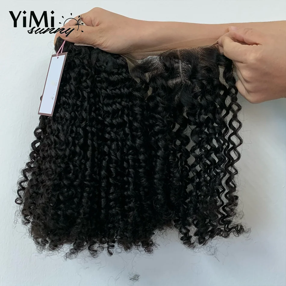 3PC Pixie Loose Curly Human Hair Bundles With Transparent 4x4 Lace Closure Mongolian Extension For Women Double Weft Yimisunny