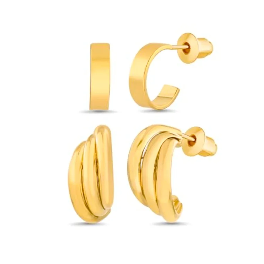 

Waterproof C Hoop Earrings 14K Yellow Gold Plated Brass 17-19 mm Chunky Rolling Hoop Earring Set for Women
