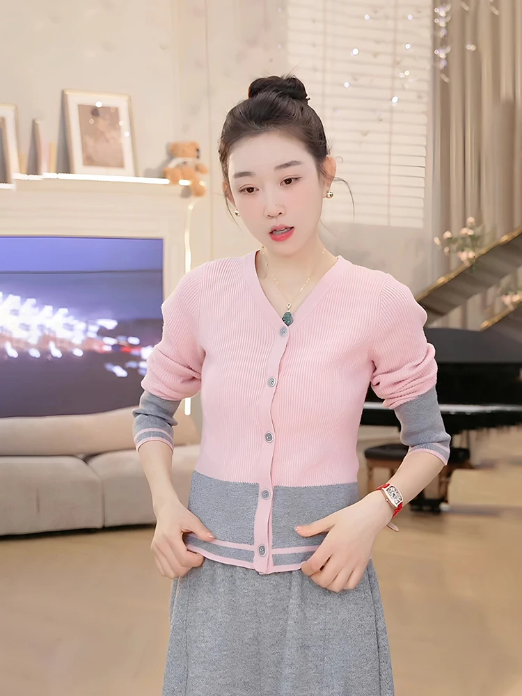 

OUDOEE Korean Sle Color Blo Wool Knitted Sweater Women's Autumn Winter V-Ne Open Cardigan Warm Faionable Top