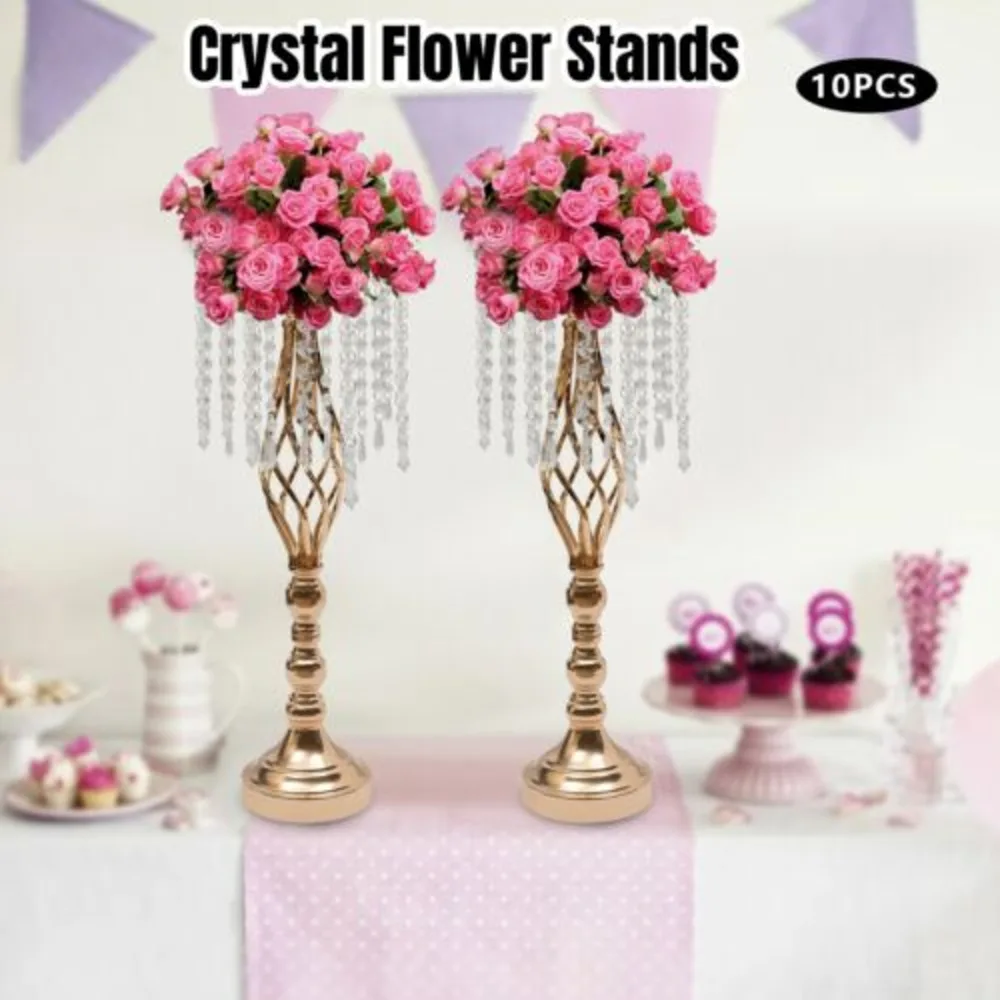 Bymaocar 10pcs Crystal Flower Stands Vases Holder Gold for Wedding Centerpieces Decor,metal Venue Decorations 21.7in/55cm Height