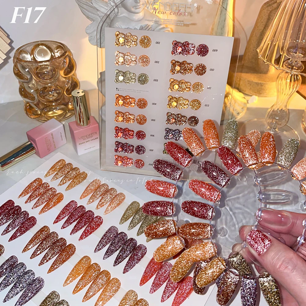 Vendeeni 15 Farben/Set Herbstfarben Glitzer-Brocken-Diamant Gel-Nagellack Orange Glanz UV LED Aushärtbarer Gel-Lack mit Display – Detail 8