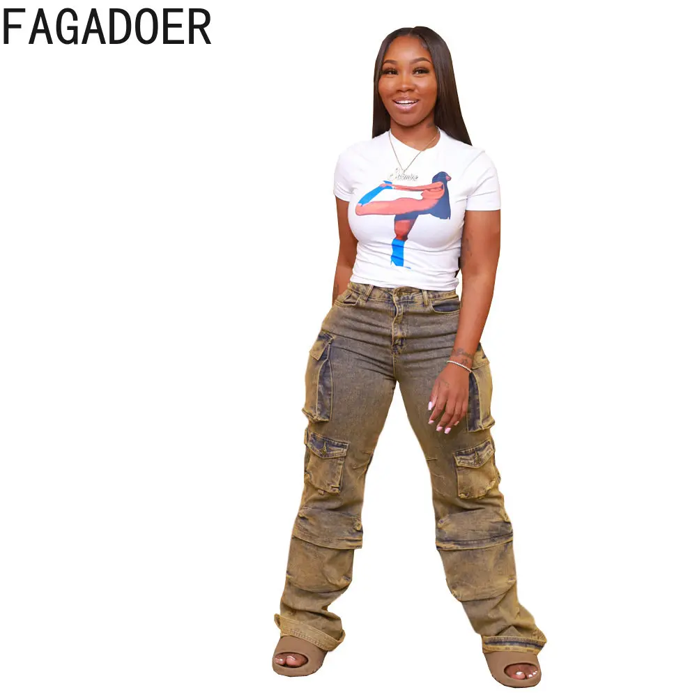 FAGADOER Fashion Streetwear Women High Waisted Button Skinny Jean Casual Solid Color Pocket Sporty Cowboy Pants Bottoms 2023 New