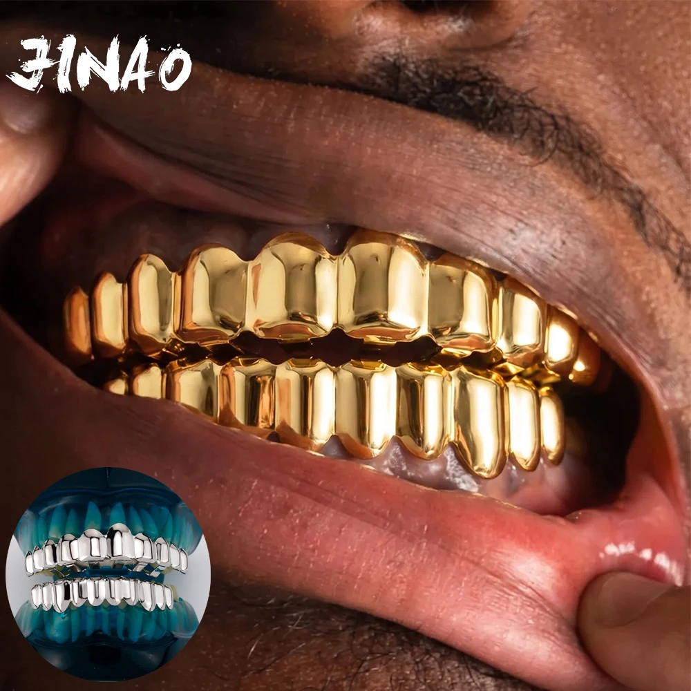 JINAO Hip Hop Grandes grilles dentaires 10 dents, surface lisse, couleur or, pour hommes, ensemble haut et bas, fin et brillant, style Punk Rapper, Noël