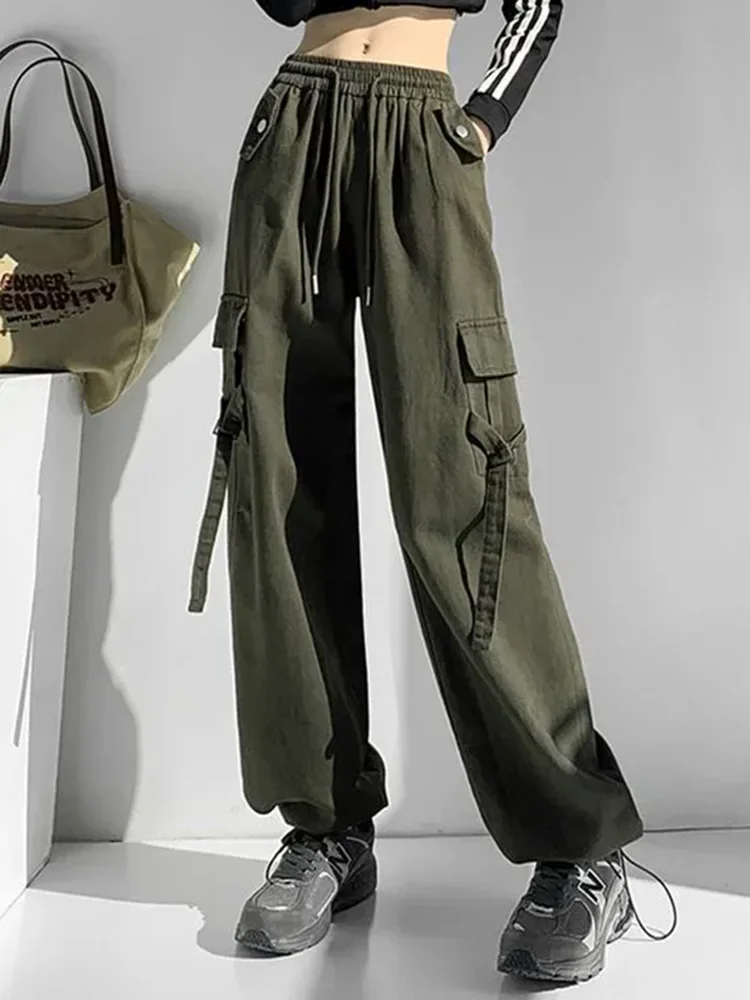 

Women Baggy Straight Cargo Pants Korean Fashion Elastic High Waist Straight Pantalones Solid Chic Versatile Jogger Calca 2024