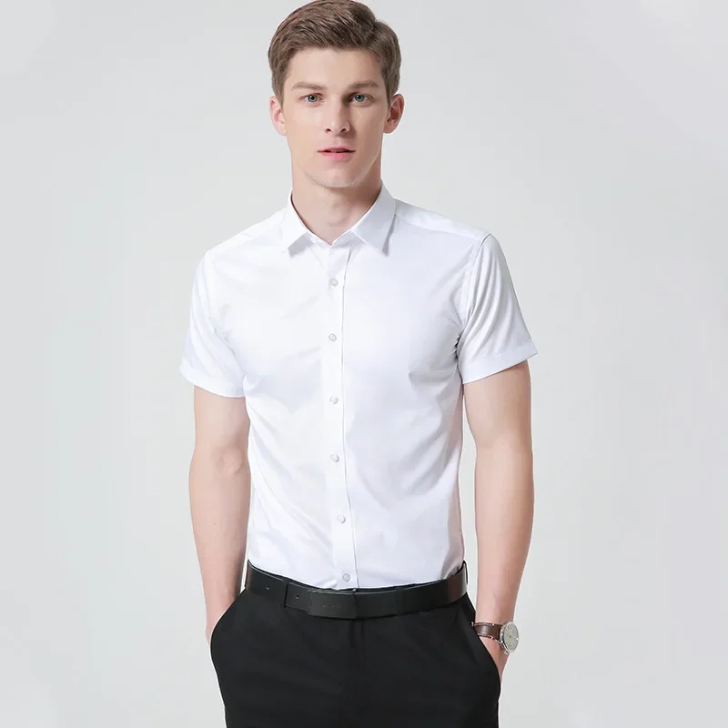 

New Bamboo Fiber Men's Dress Shirt Short Sleeves Business Casual Elastic Professional Wear Formal Social Shirts Men Clothing