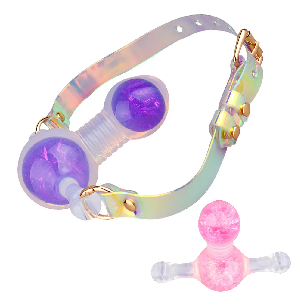 Double Ball Gag with Holographic Crystal Ice Oral Restraints Silicone Mouth Plug BDSM Sex Toys for Women Couples Roleplay Games