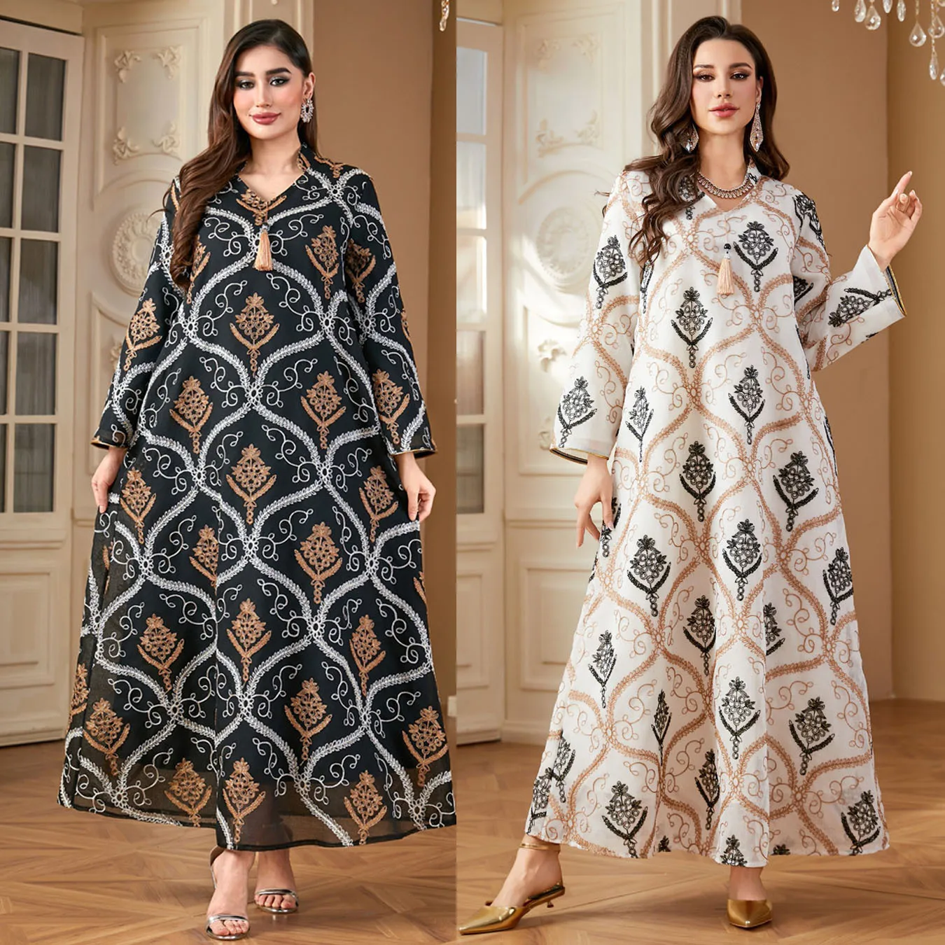 6612 #   Vestido Longo de Patchwork Bordado em Tule com Franjas, Moda Luxuosa Islâmica Elegante para o Ramadan em Dubai