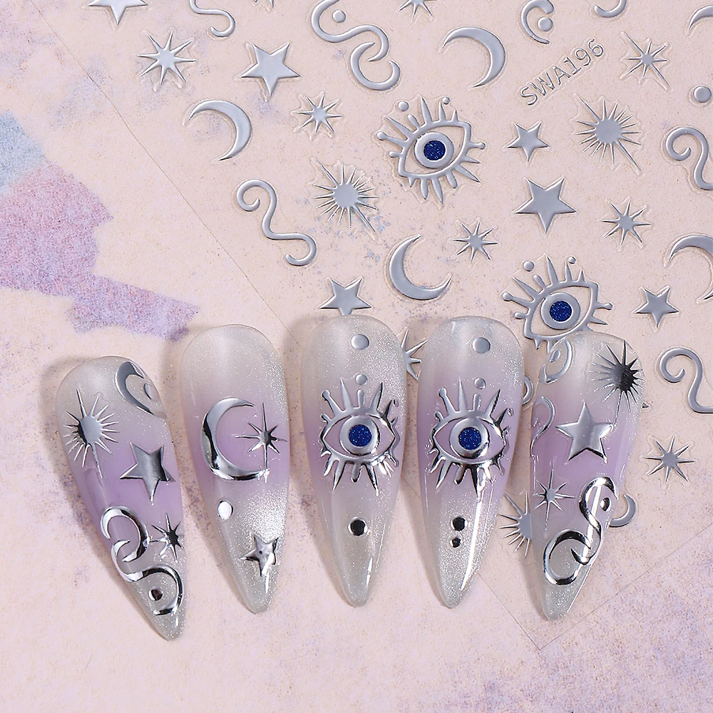 2/3 Stück Bohemian Style 3D Nagelkunst-Aufkleber Gold Silber Holographische Böse-Augen Nagelsticker Stern Mond Aufkleber DIY Nageldekoration – Detail 6