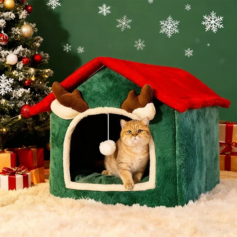 2025 Christmas Reindeer Pet House Warm Fleece Detachable Washable Cat Dog Bed with Mattresses Indoor Outdoor Winter Pet Bed