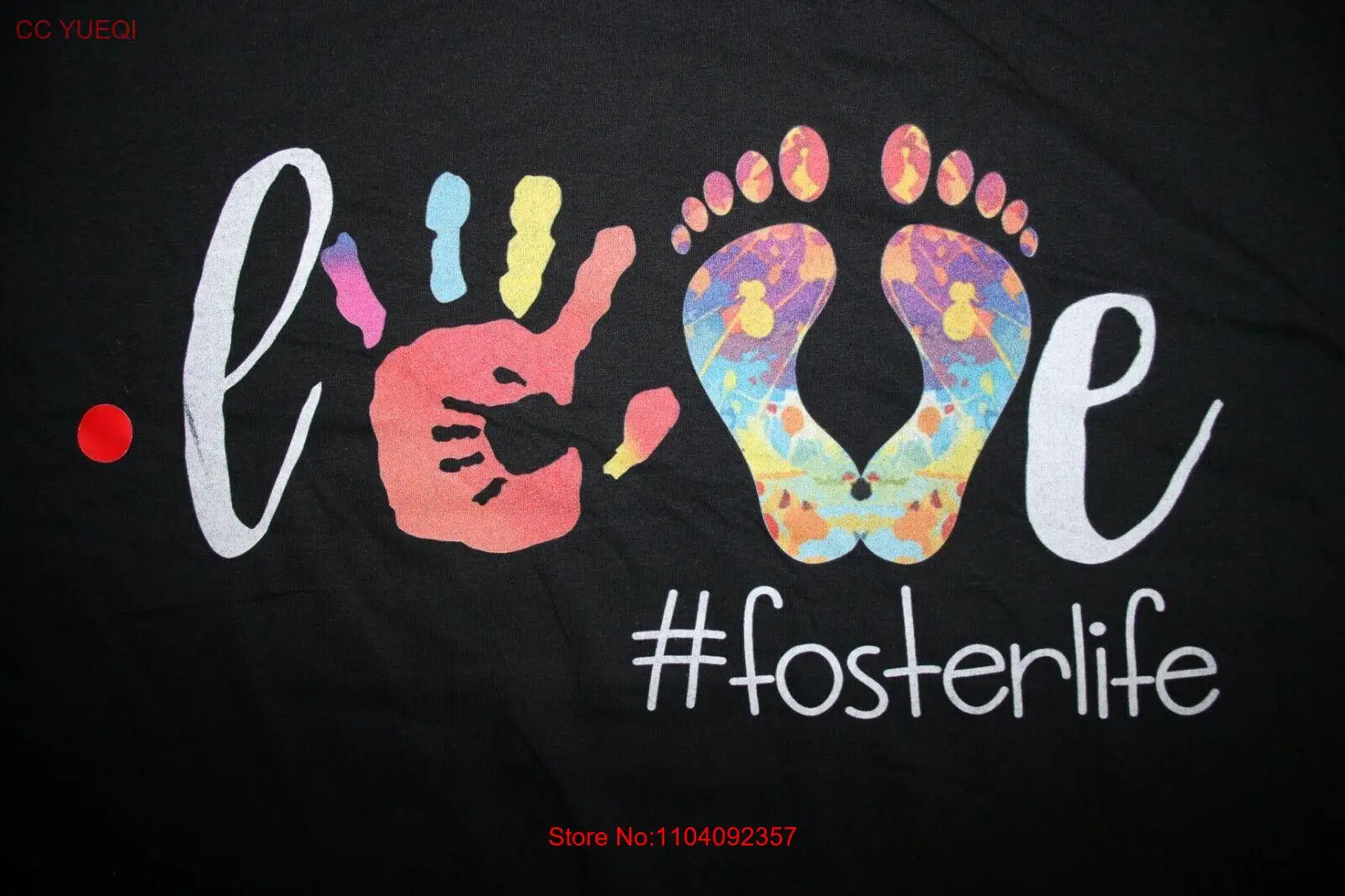 love (spelled with colorful hand print & footprints #fosterlife T-Shirt, XL, Blk