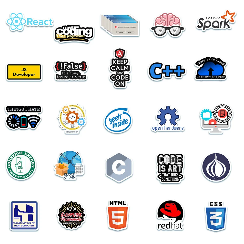 50pcs Programming Stickers Geek Python Java Internet php Docker Html Bitcoin Vinyl Decals Laptop Phone Sticker for Kids Toy Gift