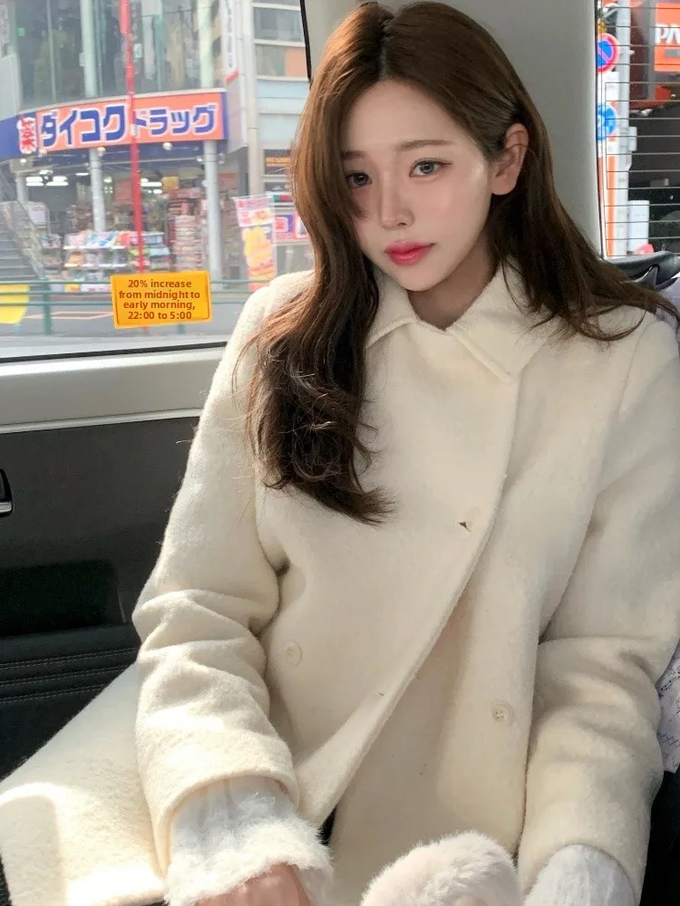 Ele White Woolen Coat for Women Korean Sle Vintage Lapel Double Buttoned Outerwear Mid-Length Loose Fit Winter Faion