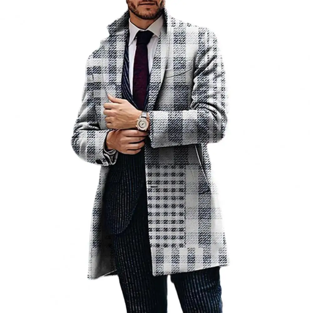 

Men Lapel Coat Plaid Print Lapel Trench Coat for Men Stylish Windproof Business Jacket with Pockets Long Sleeves for Fall Winter