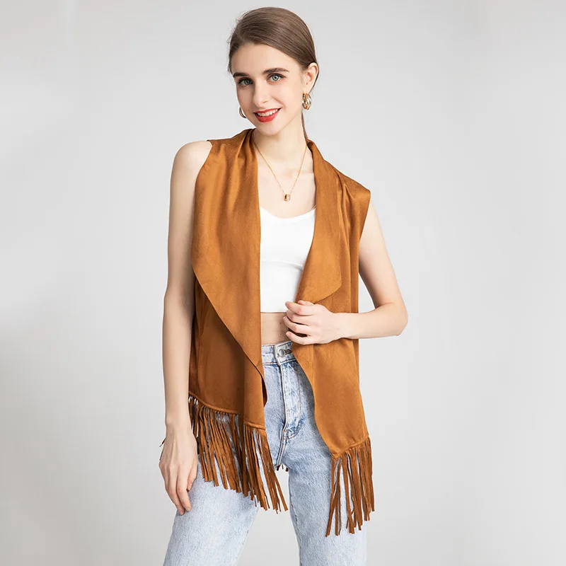 Spring  Autumn Womens Solid Color Lapel Sleeveless Suede Tassel Vest Coat