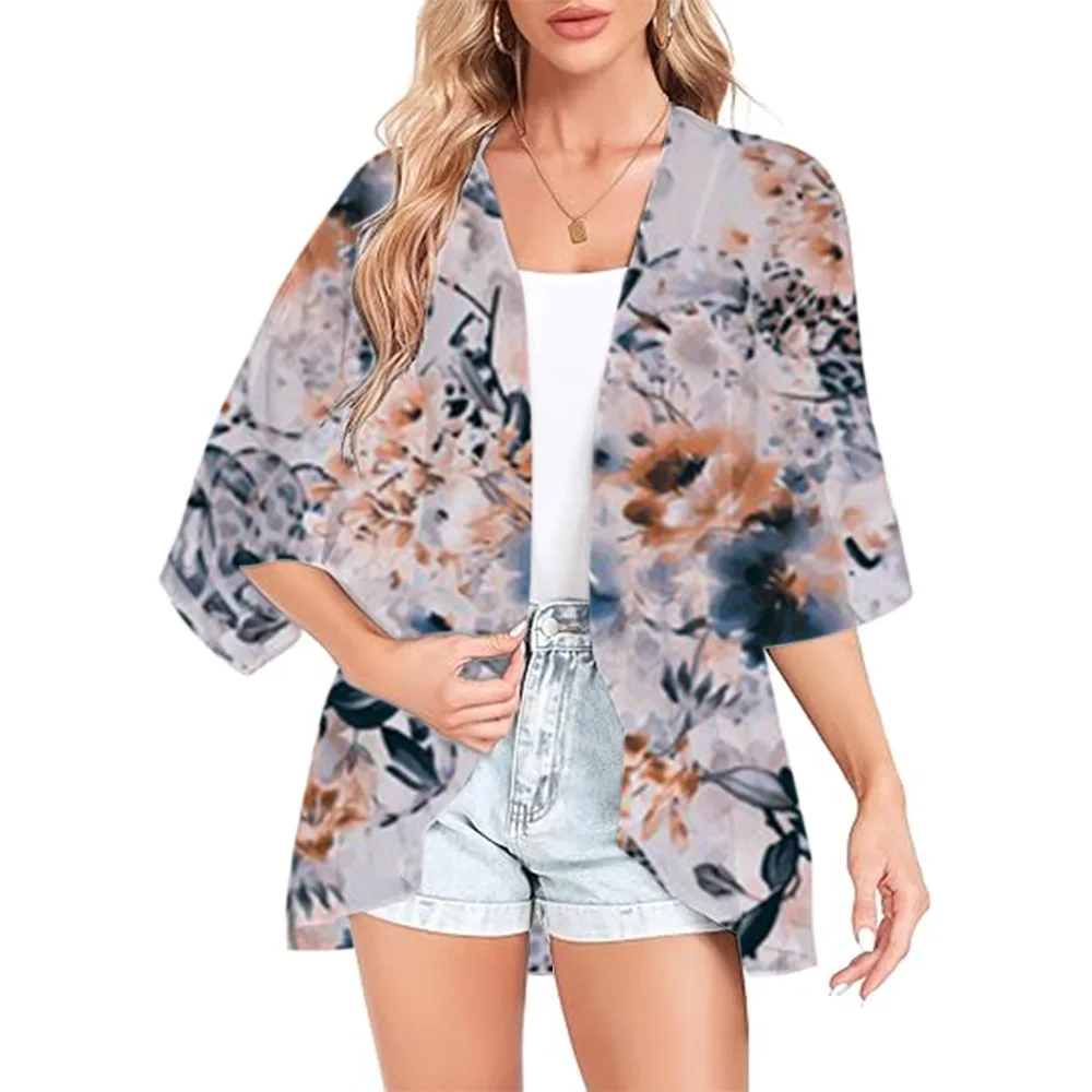 Women's Beach Kimono Ink Floral Printed Swimsuit Cover Up Dress Jacket Beach Swimsuit Summer Chiffon Cardigan Top Blouse Shirt