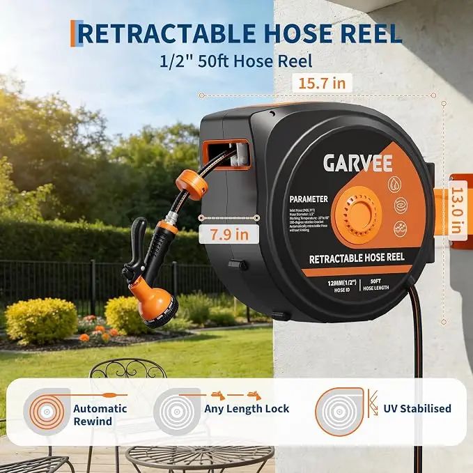 50-130 ft Retractable Garden Hose Reel, Wall Mounted, 9-Function Nozzle, Any Length Lock, 180° Swivel, Auto Slow Rewind for Watering Lawn, Washing Car, Cleaning Patio