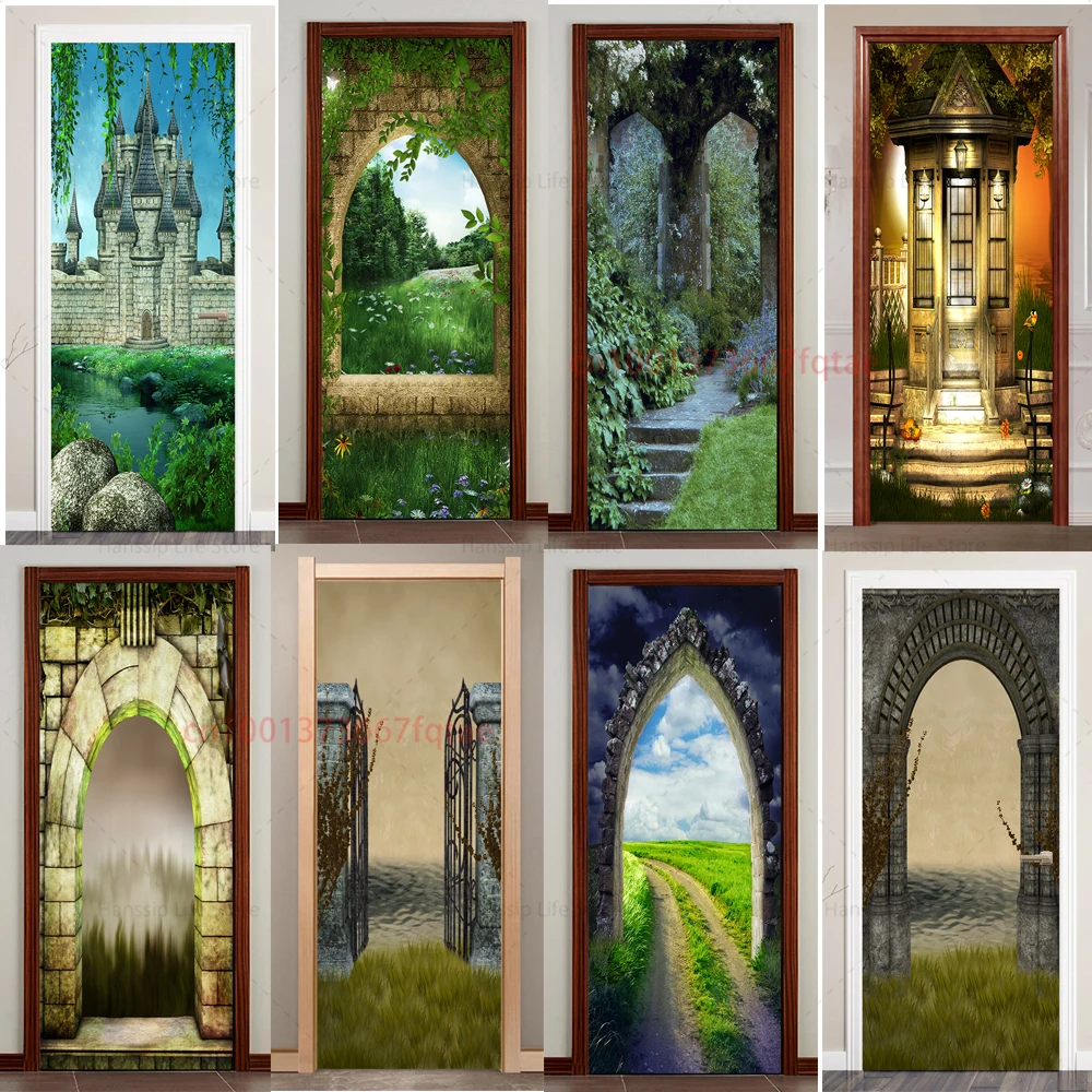 3D Forest Castle Theme Door Sticker Renovation Self-Adhesive Bedroom Wall PVC Sticker Bamboo Forest Path Decoration Sticker