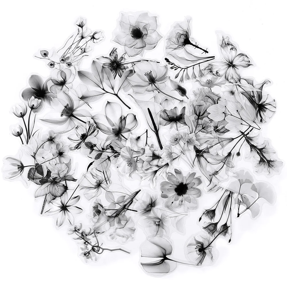 50 Uds. De pegatinas de PET impermeables de flores naturales en blanco y negro, estética para álbum de recortes DIY, funda de teléfono, decoraciones artísticas de plantas para coche