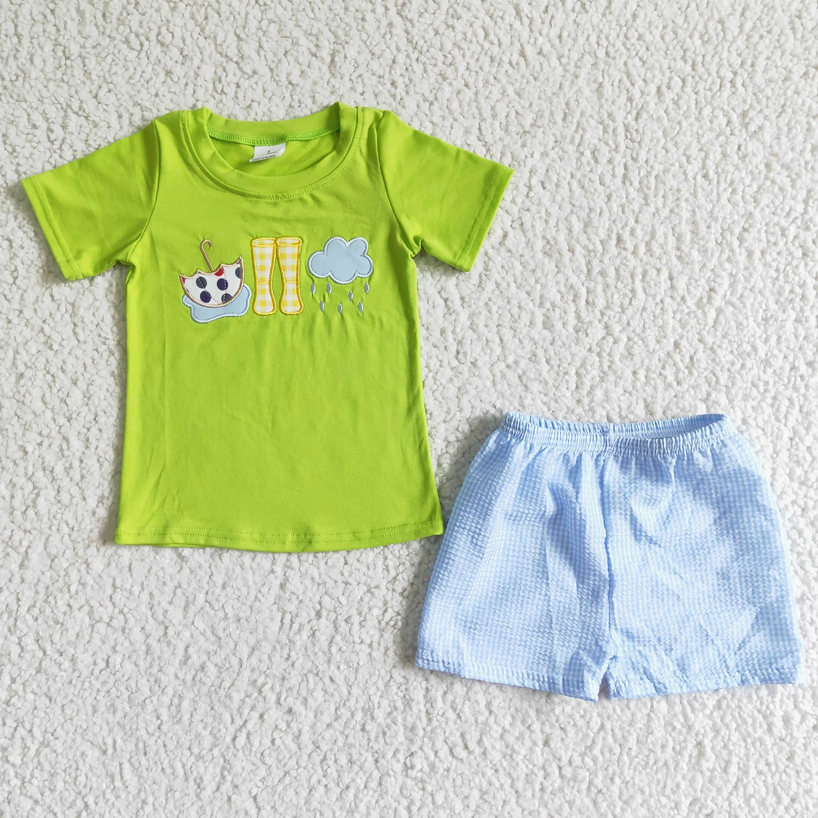 

z91-12 BSSO0082 Summer Children clothing matching girl Embroidered Boots Short Sleeve Shorts Set Boutique baby boys clothes