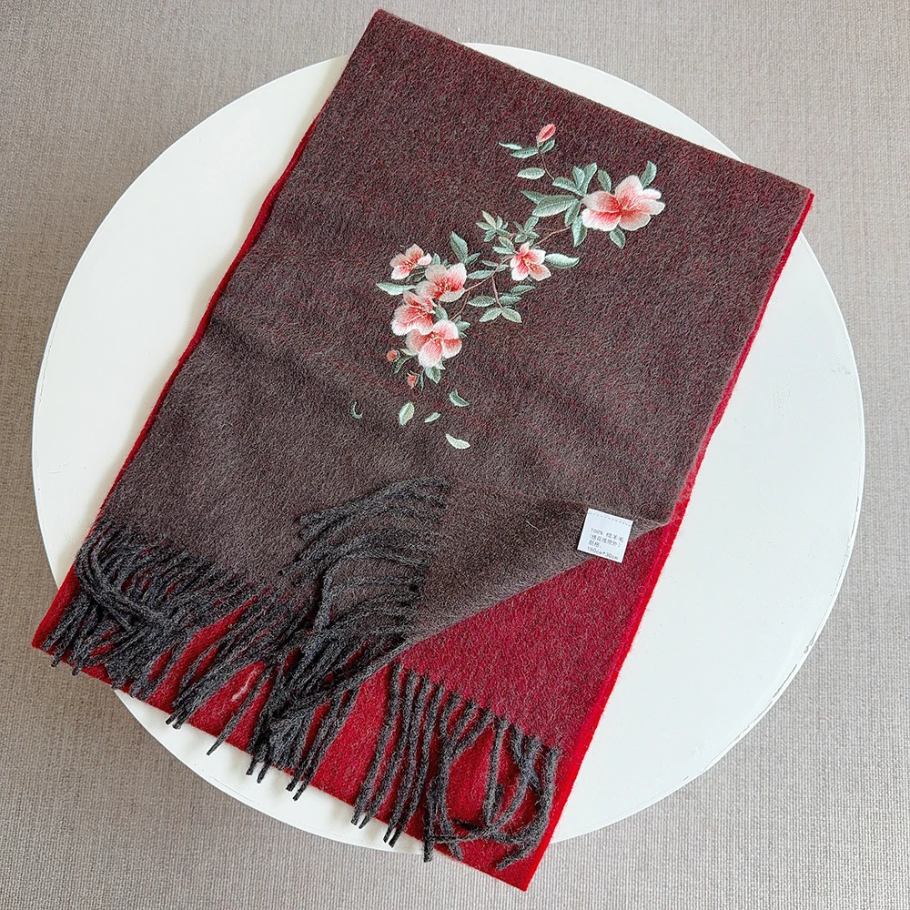 

Роскошный зимний шерстяной шарф с градиентом, двусторонняя вышивка, 160x30 см, натуральная шерсть, утепленная теплая шаль и накидки, шейный платок с кисточками