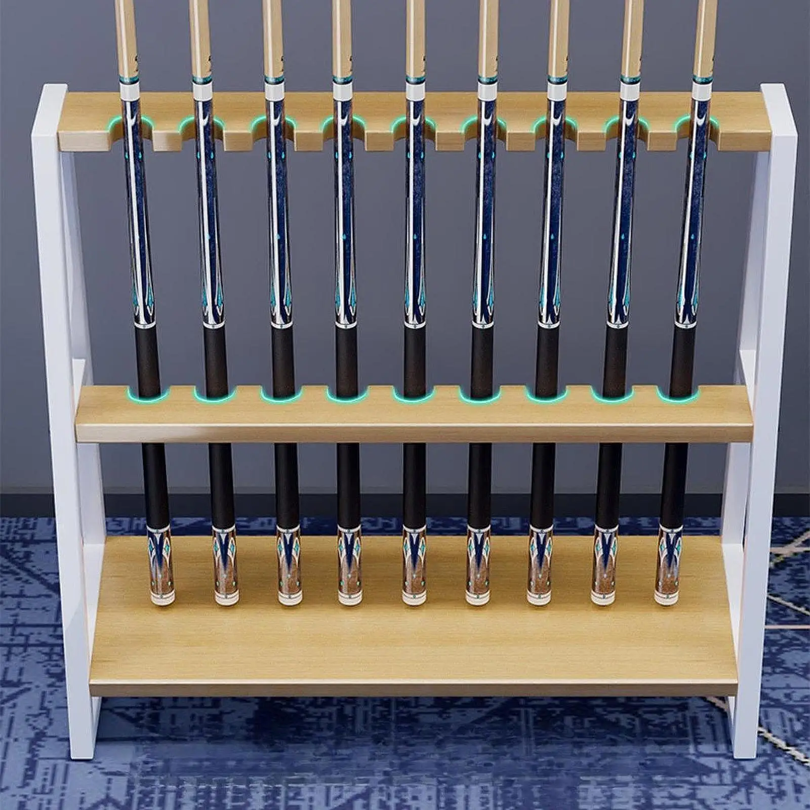 

Pool Cue Rack Floor Standing Professional Modern Sturdy Vertical Stable 9 Slots Metal and Wood Storage Rack Stick Holder