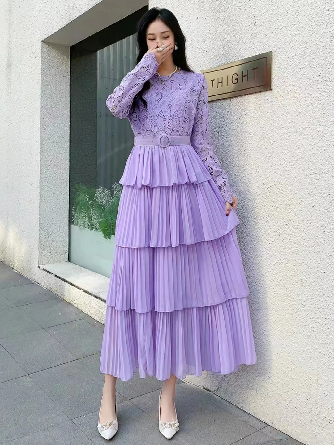 2024 New Spring Autumn Women Long Sleeve Belt Slim Long Dress High Quality Lace Patchwork Pleated Cake Hem Sweet Party Dress