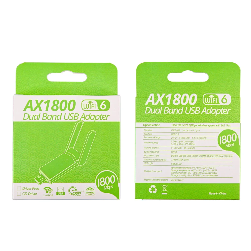 Dongle nirkabel WiFi, adaptor USB 2.4 Mbps kecepatan tinggi USB3.0 6 kartu jaringan Dual Band 1800G & 5G AX1800 untuk Laptop Win10/11