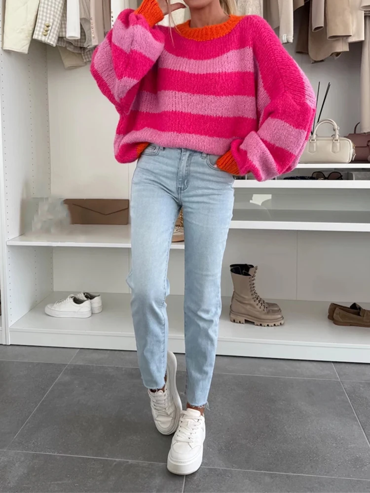 

Fashion Contrast Color Stripe Printed Knitted Tops Women O-neck Long Sleeve Loose Sweater Autumn Winter New Commute Jumpers Lady