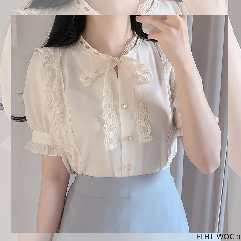 Cute Sweet Girls Japan Korea 2022 Woman Ribbon Bow Tie Retro Vintage Tops Blusas Preppy Style Ruffles Lace White Button Shirts